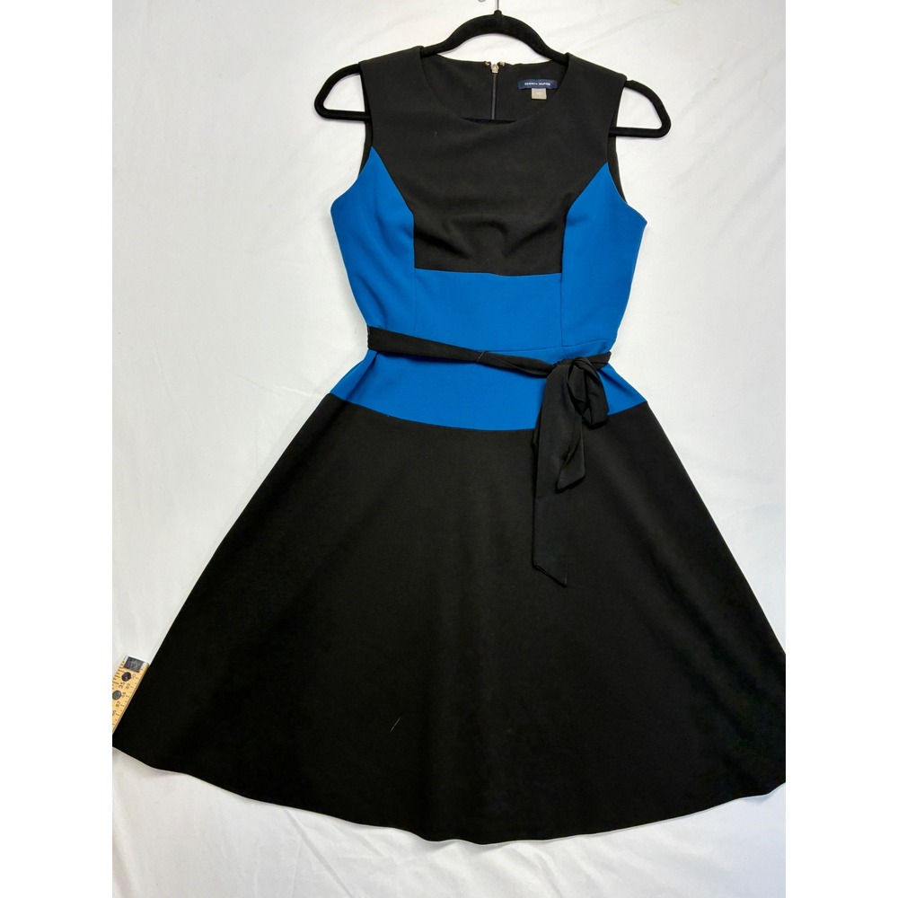 Tommy Hilfiger Colorblock Fit Flare Dress Preppy Mod Belted A-Line 2 Black Blue